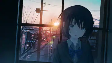 A girl by a sunlit window, the room dark around her